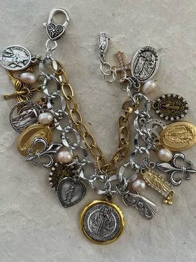 Catholic Saints and Crosses Charm Bracelet: St. Benedict, Silver and gold